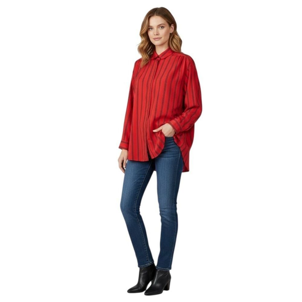 Diane Von Furstenberg Red with Black Stripes Button Up Satin Shirt